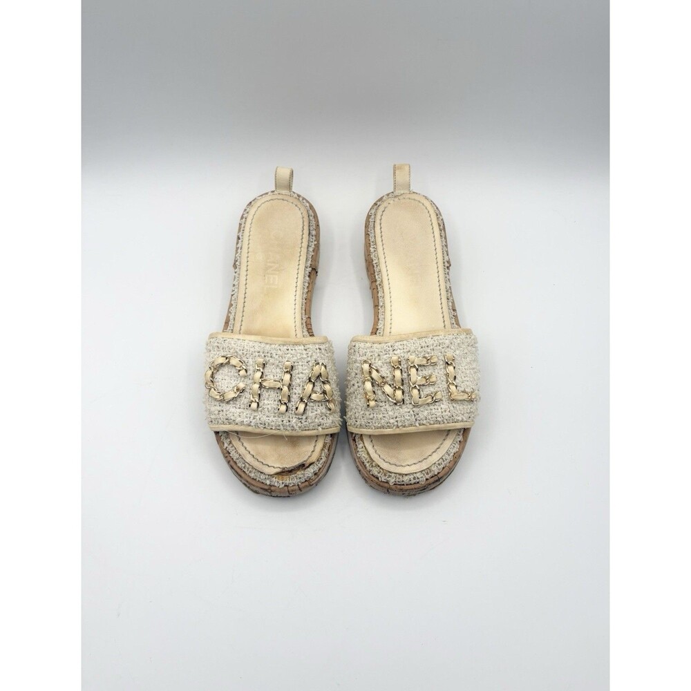 Chanel White Tweed Slide Sandals w/ Chain Logo Accent Size EU 37